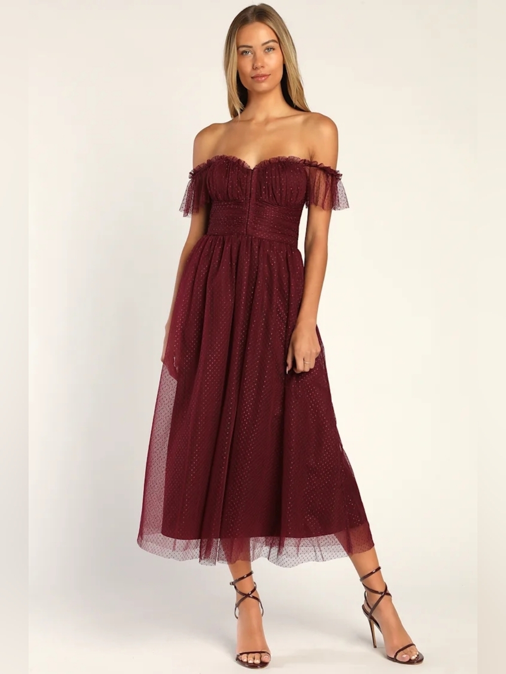 Lulus Regal Radiance Burgundy Mesh Bustier Midi Dress NWT